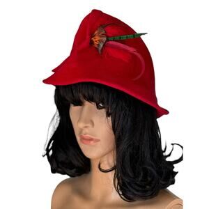 1960's American Vintage Emme Boutique Red Wool Hat, Feathers, fold over size S-M